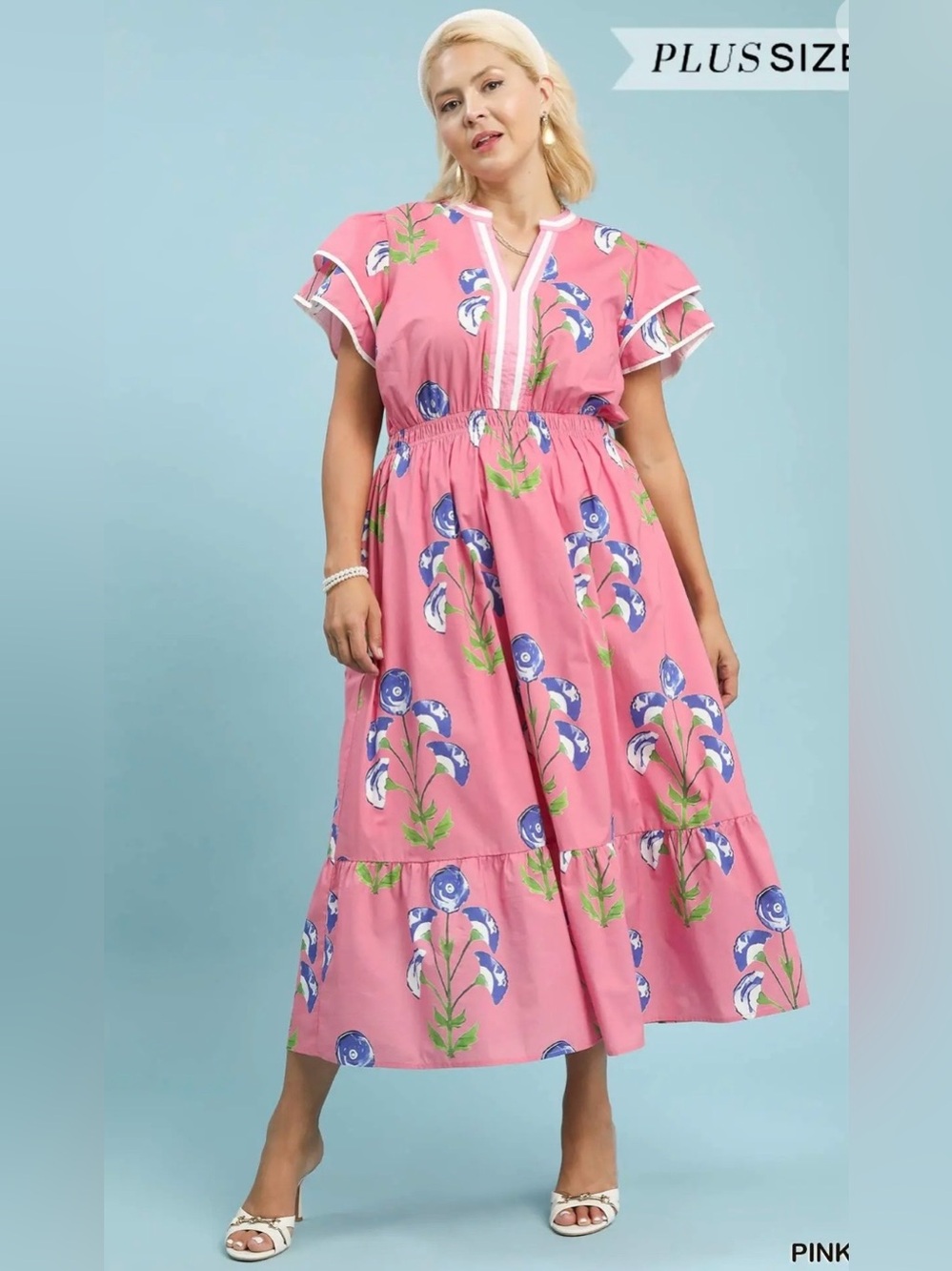 New! Umgee Plus Size Cotton Pink Floral Midi Dress Size X-Large